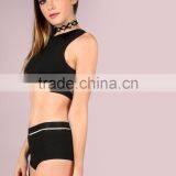 Metallic Trim Back Cut Hole Crop Tank & Body Shorts Set Black 100 Cotton Scoop Neck Sportswear Crop Tops With Pants Custom thumbnail-2