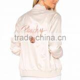 2017 MGOO Customize Satin Bomber Jacket Peachy Embroidery Windbreaker Sports Jacket For Women Clothing Manufacturing thumbnail-6