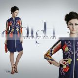 Blue color with Embroidery flower design all over with hi neck border Vogue Designer Kurtis