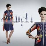 Blue Color With Embroidery Flower Design All Over With hi Neck Border Vogue Designer Kurtis thumbnail-1