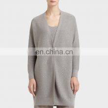 Women Gray Long Length Style Cashmere Cardigan With Button thumbnail-1