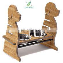 Bamboo Pet Feeder Puppy Style Height Adjustable Raised Kitchen Pet Feeding Station w/ Stainless Steel Food Bowls for Dogs & Cats thumbnail-2