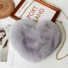 012New Plush Faux Fur Winter Tote Chain Crossbody Bag Small Cute Heart Sharp Tote Pink Red Black Purse thumbnail-3
