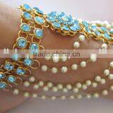 GOLD Tone TURQUOISE BLUE STONE Pearl PAYAL Anklets Toe Ring Barefoot Sandal thumbnail-3