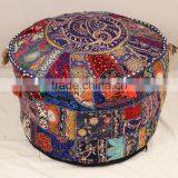 Blue Vintage Sari Fabric Round Ottoman Cover Bohemian Footstool Gypsy Antique Pouffe Cushion thumbnail-4
