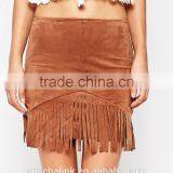 High Rise Nice Design Women Slim Fit Fringe Brown Suede Skirt thumbnail-2