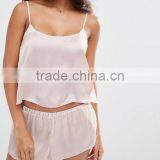 Hot Sale Fashion Pajamas Strap Crop Tops Custom Chiffon Side Satin Cami & Short Pyjama Set thumbnail-4