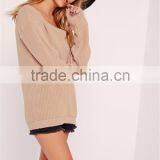 MGOO New Branding Women Oversized Loose Plain Sexy Off Shoulder Longline Knitted Jumper Camel Knitwear Private Label thumbnail-6