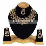 Designer Gold Plated Bollywood Party wear Kundan Zerconic Jewelry Necklace Set Black Color