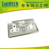 BRUSHED STAINLESS STEEL UK TYPE DOUBLE SOCKET + 2 X USB CHARGING OUTLET WITH WHITE TRIM thumbnail-1