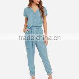 Women Sky Blue Belted Short Sleeve Slim Fit Jumpsuit Romper thumbnail-4