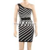 Hot Elastic Knitted Fashion Ladies One Shoulder Black And White Striped Bandage Dress Cocktail Party Dress thumbnail-1