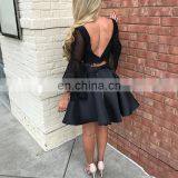 Two Pieces Black Exquisite Short Cocktail Dress Bateau Long Sleeve Beaded Satin Prom Dress thumbnail-2