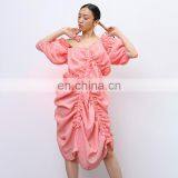 Elegant Irregular Asymmetrical Collar Lantern Sleeve High Waist Drawstring Dress Women thumbnail-3