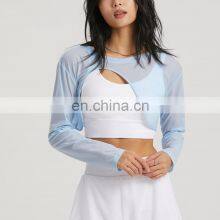 Quick Dry Breathable Jacquard Long Sleeve Gym Yoga Blouse Shirt Lightweight Workout Exercise Training Wear Clothes For Women thumbnail-1