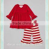 Infant Toddler 2017 Boutique Clothing Girl's Valentine Day Clothing Children's Wine & Cream Dress Stripe Ruffle Pants Sets thumbnail-1