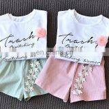 2019 New Designs Summer Children Clothes Sets Baby Girls Ruffle Sleeve Loose T-shirt With Flower Shorts 2pcs Suits thumbnail-3