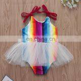 2019 Summer Rainbow Toddler Bodysuit Striped TuTu Kids Rompers Infant Girls Lace Dress Skirt 0-3years thumbnail-1