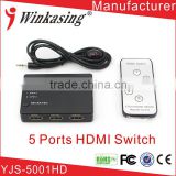 Cheap OEM Supported IR Remote Control 5 port HDMI Switch 5x1, support 1080P