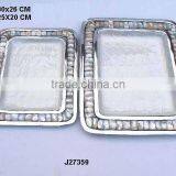 Cast Aluminum Rectangular Tray With Food Safe Enamel and Mother of Pearl Mosaic Border