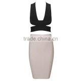 2015 New Summer Cirss-Cross Sexy Bodycon Knee Length Two Piece Bandage Dress Apricot/Black/White thumbnail-4