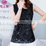 Sexy sequins black and white embroidery lady sleeveless top