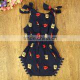 Wholesale Newborn Infant Baby Clothes Girl Romper Plain Custom Print Navy Dark Blue Onesie Pom Poms Lipstick Bubble Rompers thumbnail-3