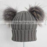 Myfur Dark Grey Wool Knitting Hat With Detachable Raccoon Fur Pom Poms thumbnail-3