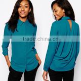 hot sale latest twist back designed button shirt women plain blue long sleeve fashion shirt