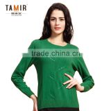 Pure Cashmere Green Female Round Neck Long Sleeve Pullover Sweater, Women Cable Knit Textured Cashmere Sweater