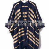 Stripe poncho Cozy wool blend Ribbed trim throughout pattern half sleeve
