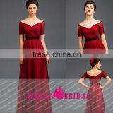 K141 V Neck Short Sleeve Chiffion A Line Red Prom Dresses thumbnail-1
