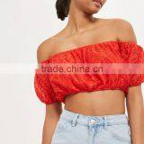 Good Reputation Elastic Hem Fashion Neckline Puff Sleeves Lace Stand-Out Crop Top thumbnail-2