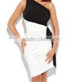 Color Mosaic Shoulder Collar Asymmetric Pleated Sleeveless Slim Package Hip Dress Sub thumbnail-3