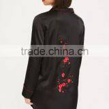 Floral Embroidered Bridal Shirt Sleepwear Black Satin Sleep Shirt Piping Button Longline Shirt Pyjamas With Curved Hem thumbnail-5