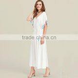 Designer Tassel Trim Boho Dress, Women White Deep V-neck Maxi Dress thumbnail-3