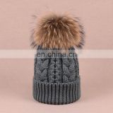 Jumbo genuine raccoon fur pom balls hats knitted twist pattern hats
