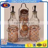 Set of Glass Oil Spice Jar Bottle Set With Iron Holder Golden Metal Cover thumbnail-1