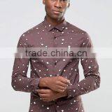 Long Sleeve Spread Collar Mens Pre-Shrunk 97% Cotton 3% Elastane Breathable Slim Fit Casual Brown Printing Shirts thumbnail-1