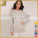 American Style Hoodies, Grey Ripped Oversized Sweatshirt, High Quality Cotton Hoodies for Women thumbnail-1
