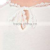 Wholesale Women Sexy Round Neck Short Sleeves Sheer Polka Dot Sleeves and Yoke Straight Hem Cotton Blend T-shirt(DQE0150T) thumbnail-4