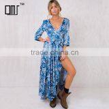 Paisley Print Long Sleeve Maxi Wrap Dress in Blue for Mature Women thumbnail-1