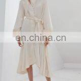 TWOTWINSTYLE Dress For Women Lace Up Lantern Sleeve High Waist With Belt Ruffle Vintage Patchwork thumbnail-1