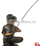 garden bronze boys fishing statue with a hat for decoration
