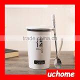 UCHOME Black And White Ceramic Couple Milk Mug Cups With Lid And Spoon thumbnail-6
