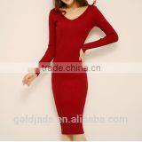 2016 Customized Manufactorying Korean Style Long Sleeve V Neck Knitted Ladies Dress thumbnail-6