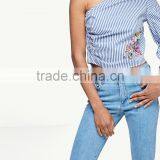 2017 Latest Design Embroidried Cotton Stripe One Side Shoulder Sexy Top for Clothing Women thumbnail-4