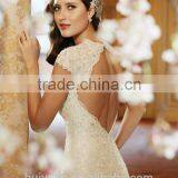 Champagne Color Satin Lace Cap Sleeve Mermaid Deep Backless Wedding Dress thumbnail-3