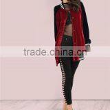 MGOO Burgundy Contrast Raglan Sleeve Velvet Longline Button Bomber Jacket With Striped Trim thumbnail-6