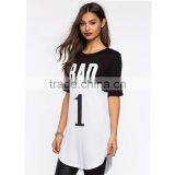 2016 Wholesale Summer Short Sleeve Contrast Black and White Elongated T Shirts Printed for Women With Wholesale Price thumbnail-2